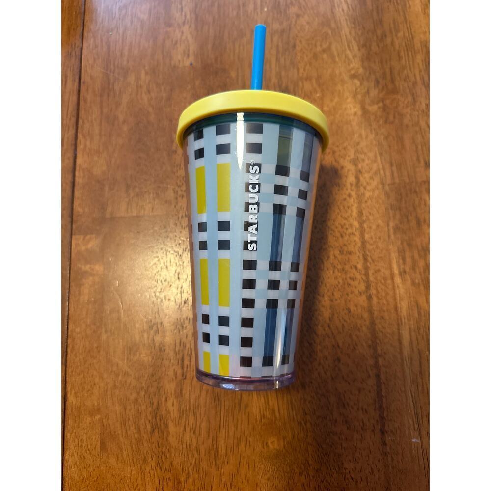 Starbucks 16oz Cold Cup Tumbler Plaid Grid Blue Yellow w Straw Reusable